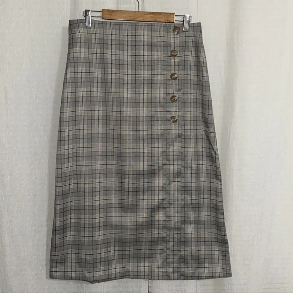 porridge x Anthropologie L Neutral Motif Button Side Plaid Midi Skirt - Picture 6 of 16